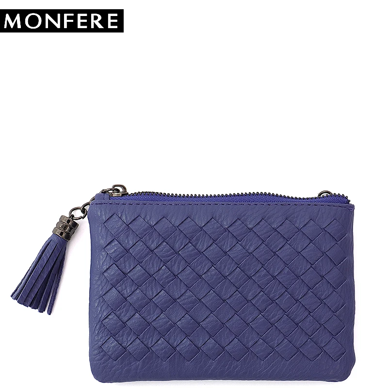 MONFER woven short mini wallet color women coin purse small key credit card money holder tassel pocket purses and handbags weave