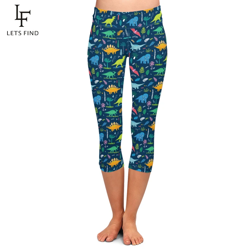 

LetsFind 2019 New Dinosaur Print Capri Leggings Women Slim Fitness Leggings High Waist Elastic Workout Mid-Calf 3/4 Leggings