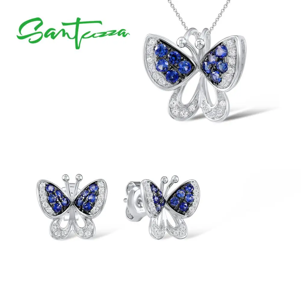 Jewelry Sets for Women Butterfly Blue Nano CZ Stones Jewelry Set Stud Earrings Pendant Necklace 925 Sterling Silver Jewelry Set