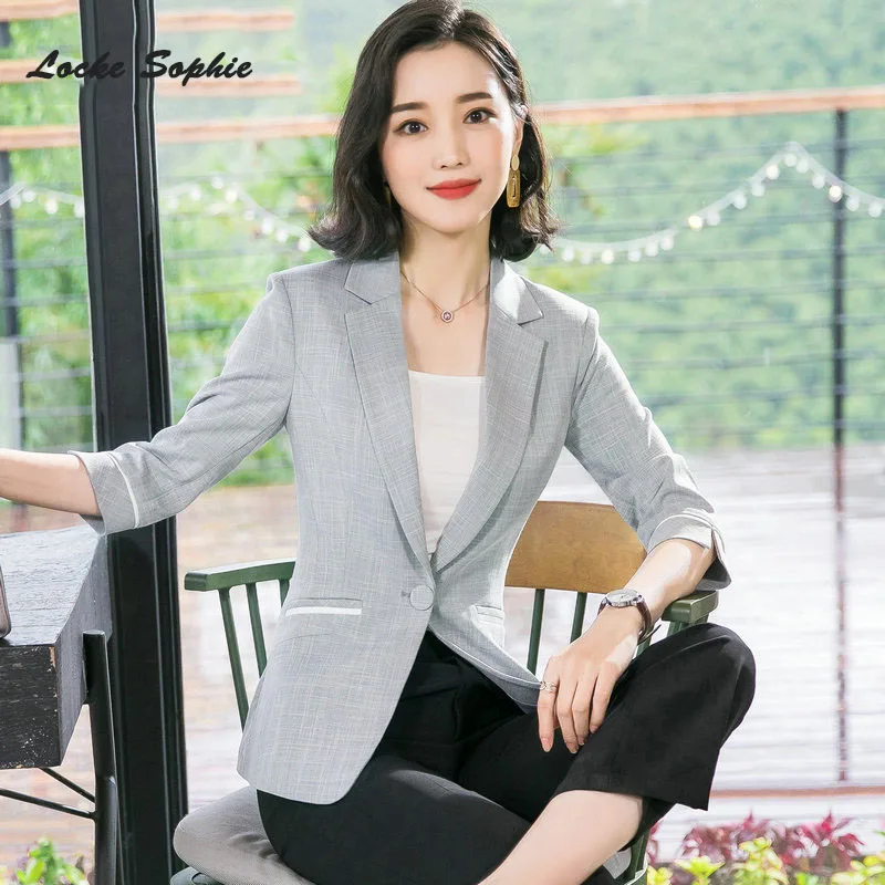 1pcs Women Plus size Blazers coats 2019Summer cotton blend Middle sleeve Slim fit Small Suits jackets ladies Skinny Blazers Suit