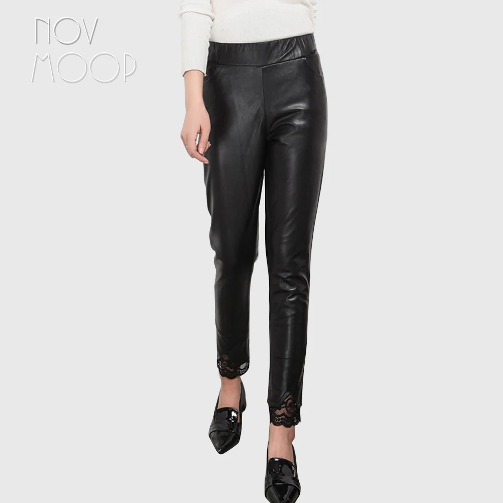 

Women black genuine leather real lambskin elastic waist pencil pants trousers skinny cuff lace spliced pantalon femme LT2549