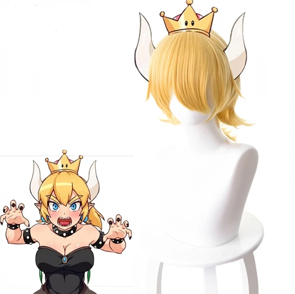 

Game Bowsette Cosplay Wigs Wavy Blonde Heat Resistant Synthetic Hair Perucas Cosplay Wig 35cm