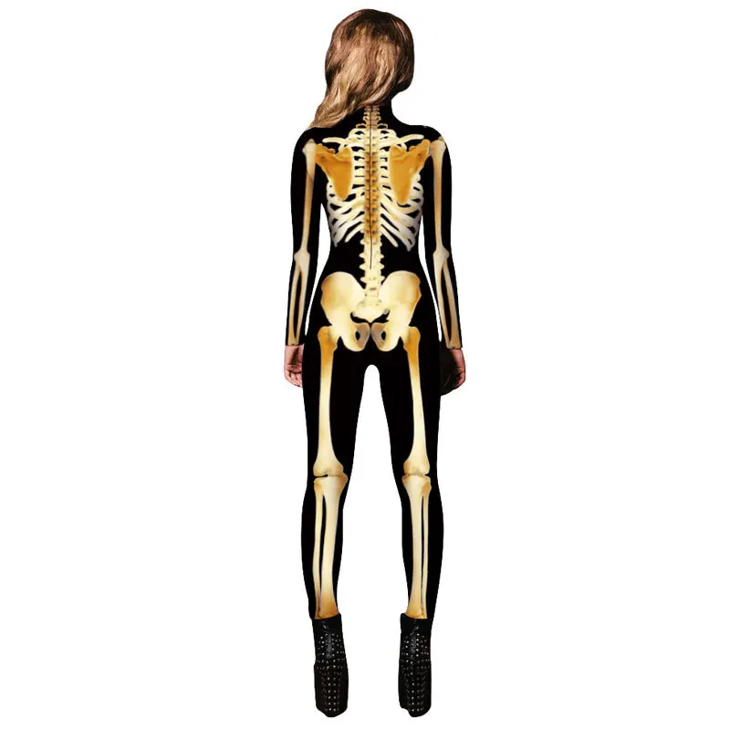 2017 New Halloween Costume Golden Skeleton Bone Frame Women Jumpsuit-2