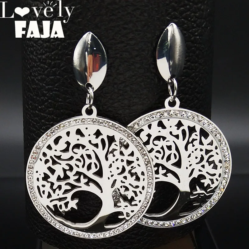 

2019 Tree Of Life Crystal Stainless Steel Earrings for Women Silver Color Studs Earring Jewelry pendientes cristal E612752
