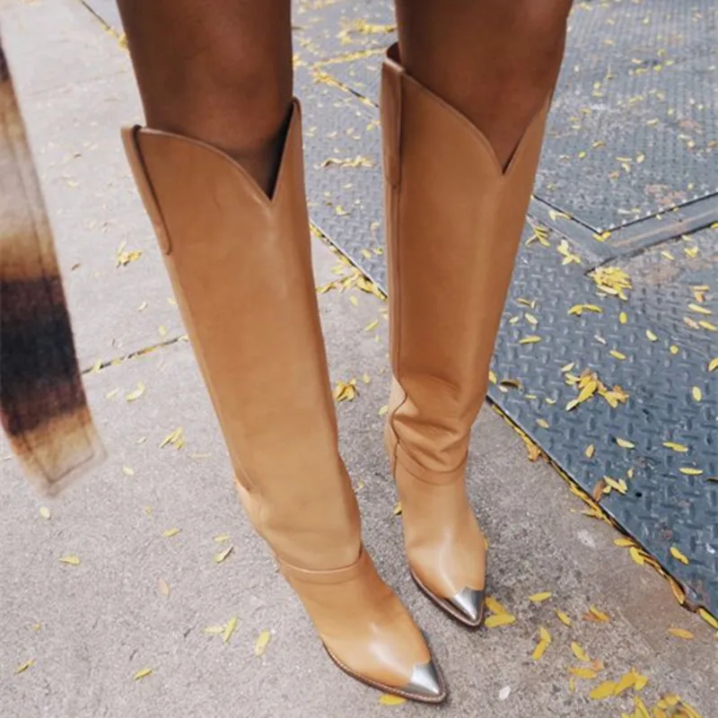 

Brown Black Soft Leather Knee High Boots Runways Fashion Iron Pointed Toe Spike High Heels Slip On 2019 New Winter Boots Women