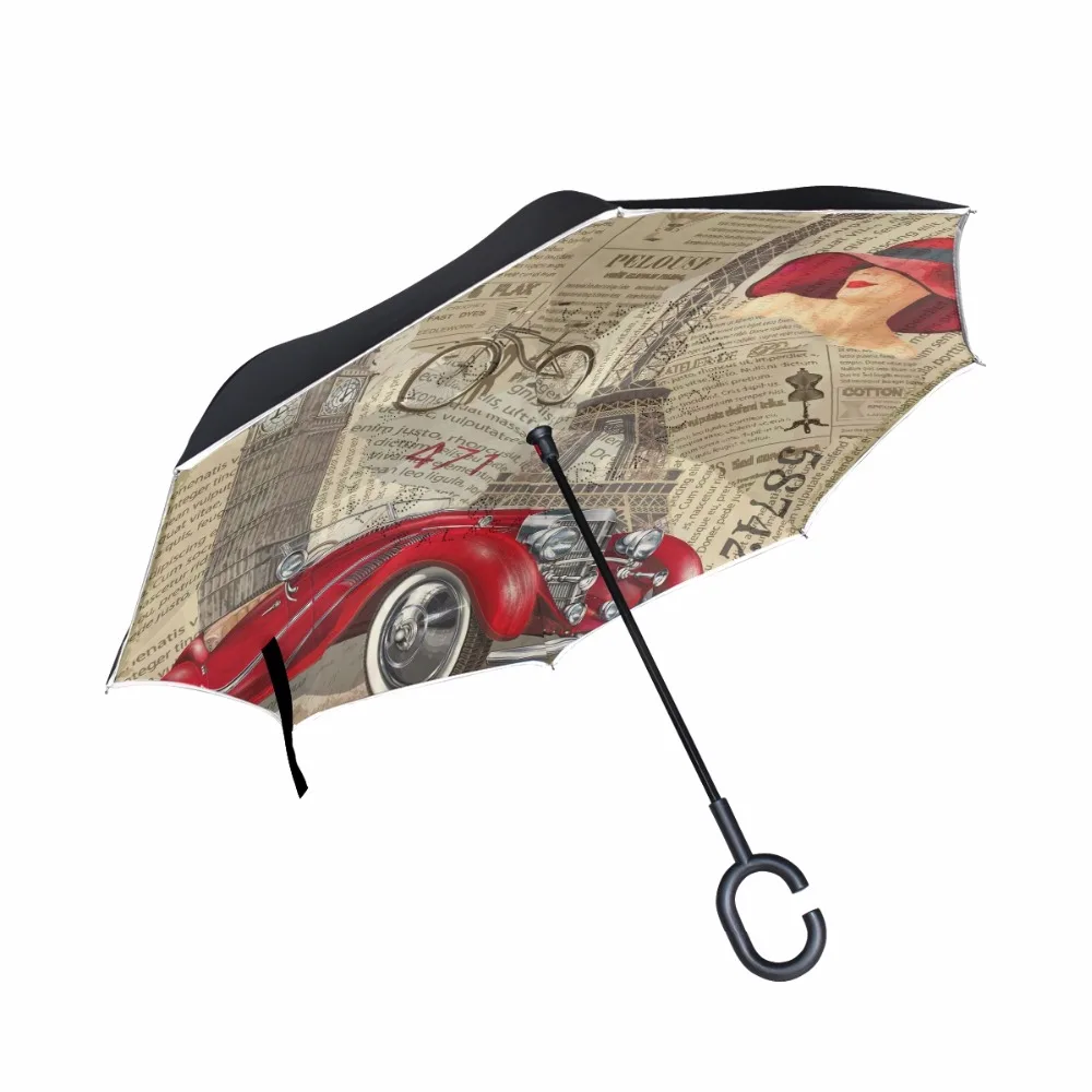 

C-Hook Windproof Eiffel Tower Reverse Umbrella Long Shank Inverted Double Layer Creative Self Stand Rain Protection Umbrella