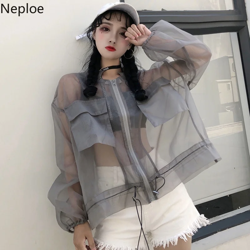 

Neploe Harajuku Summer Sunscreen Coat Gauze Perspective Thin Sun Protection Jacket Sexy Protection Zipper Pocket Outwear 52073