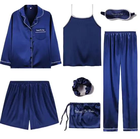 blue 7 pieces 7 шт. пижамы для женщин с длинным рукавом Шелковый Атласный пижамный комплект новая сексуальная пижама Пижама весна лето осень пижамы женские - Цвет: blue 7 pieces