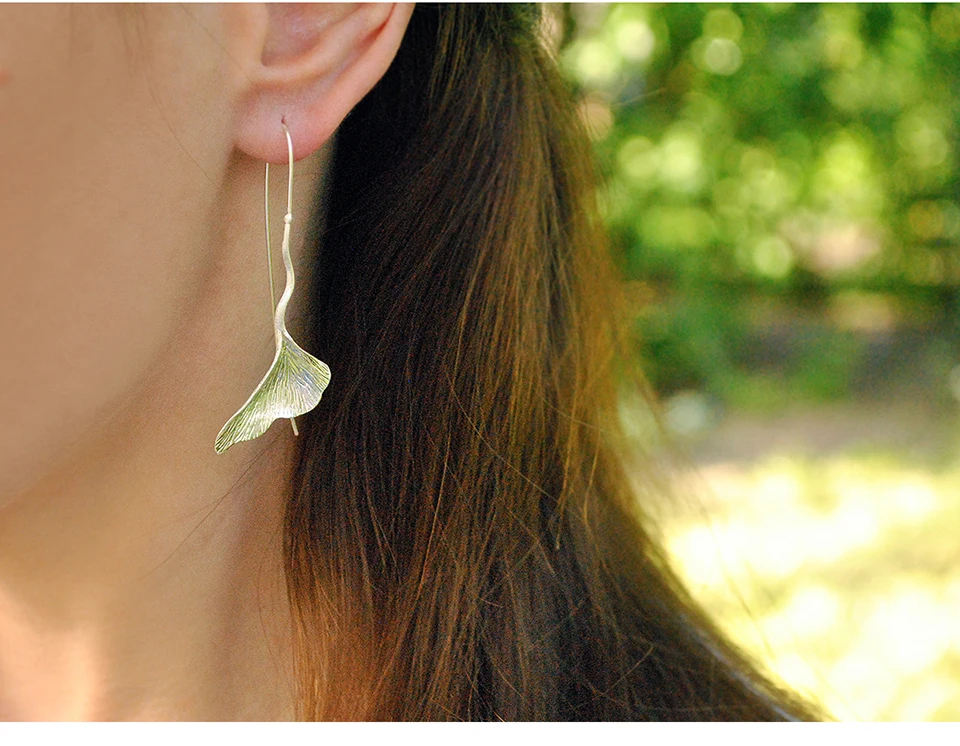 Muduh Collection Real 925 Sterling Silver Natural Handmade Designer Fine Jewelry Ginkgo Leaf Fashion Dangle Earrings for Women Brincos