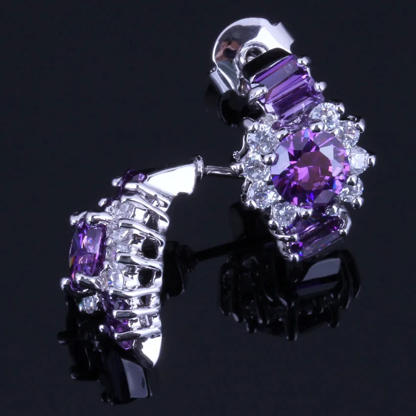 Восхитительный фиолетовый кубический циркон белый CZ стерлингового серебра 925 Серьги гвоздики для женщин V0864
