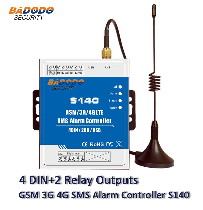 Badodo GSM SMS 2G 3G 4G Remote Controller Alarm System 4 DIN 2 DOUT RTU Controller for Automation Monitoring System S140 Switch