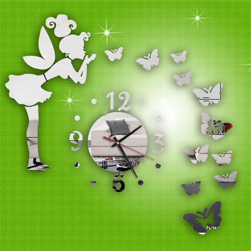 

Modern Style Butterfly Fairy DIY Mirror Wall Clock Wall Sticker Home Decor relogio de parede best selling 2018 products