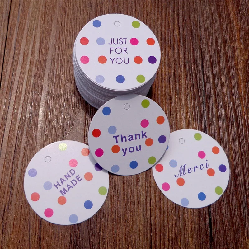 

100pcs Dots Paper Gift Box Tags Round Thank You Merci Wedding Party Favor Carton Cardboard Packing Decor Paper Cards Hang Tags