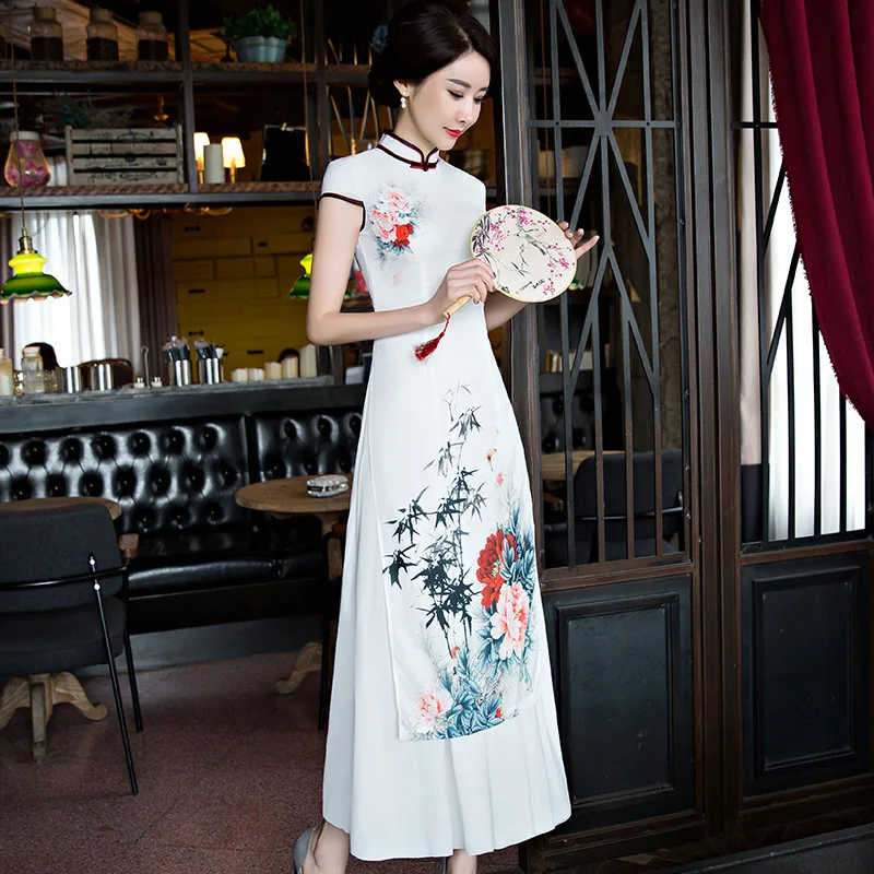 White Elegant Traditional Chinese Women Satin Dress Novelty Vietnam