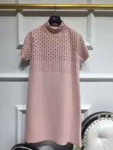 Robe Dress Regular Wool Brief Solid Short Diamonds 2017 Early Spring Knit New Fashion Hot Drilling Short-sleeved Straight