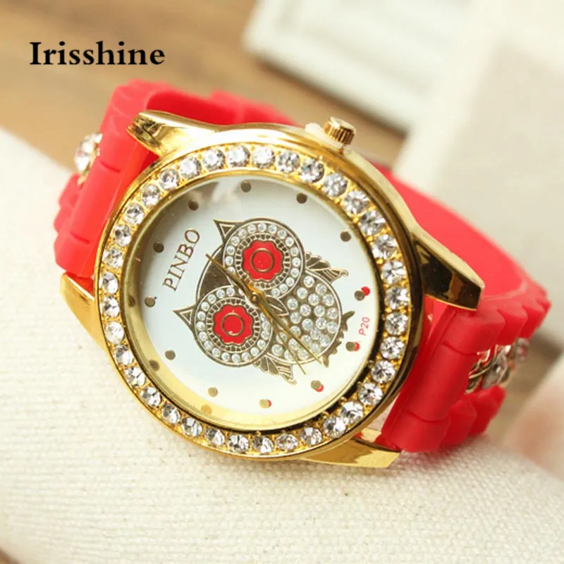

Irisshine B0856 Women lady watch girl gift brand Fashion Women Silicone Chain Diamond Owl Pattern Quartz Wrist Watch