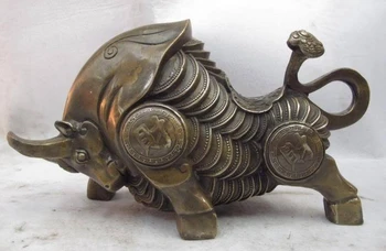 

7 Chinese Royal Copper Bronze RuYi Sculpture JiXiang Wealth Coin Bull Ox Statue