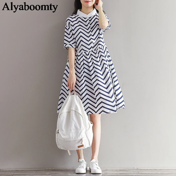 

2019 Japanese Mori Girl Summer Women Dress Wave Stripe Cotton Linen Vintage Dress Preppy Style Elegant Sweet Casual Loose Dress