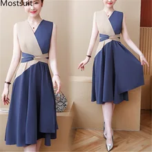 L-5xl, синее летнее платье без рукавов для женщин, плюс размер, v-образный вырез, Корейская офисная Повседневная элегантная Сексуальная винтажная одежда vestidos Mujer
