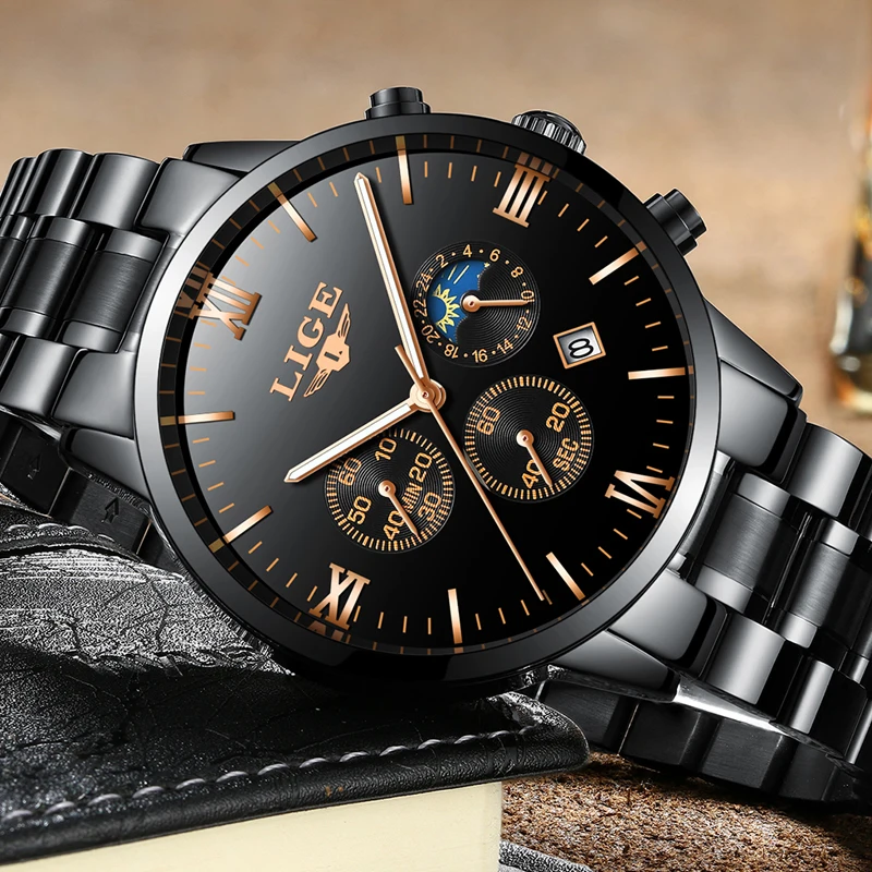 

Men Watch Men Waterproof Sport Quartz Watch LIGE Top Luxury Brand Business Casual Multifunction Stainless Steel Black Male Clock