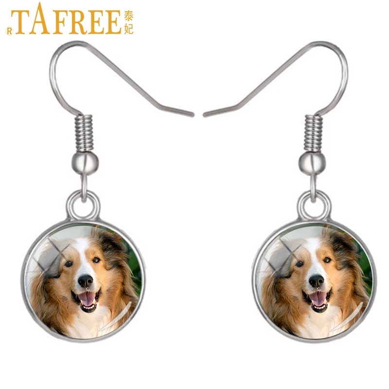 

TAFREE cute dog silver color dangle pendant earrings long haired collie corgi English sheepdog sheltie drop earring jewelry DG34