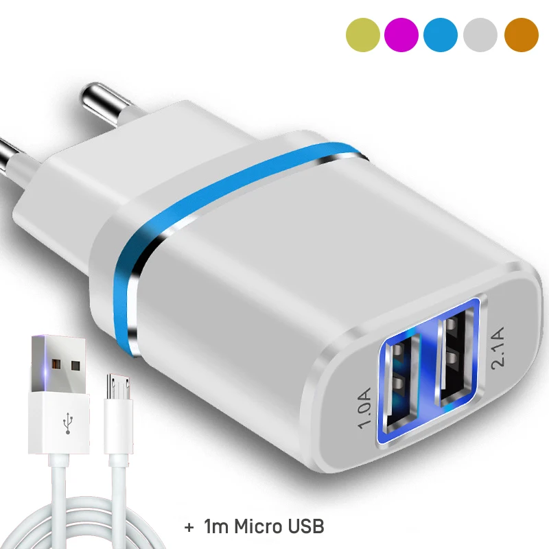 

Portable 5V 2.1A EU Charger Dual USB Phone/Tablet Charging Adapter Micro Cable for Samsung Fast Chargers Multi USB Charging Plug