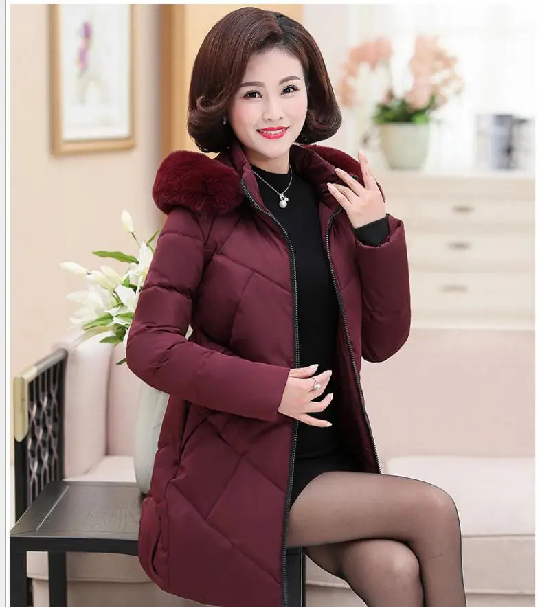 Long Sleeve New Women Medium-Long Parkas Mother Winter Hooded Soft Fur Collar Plus Size 5XL Slim Padded Winter Coats CQ2284 - Цвет: burgundy