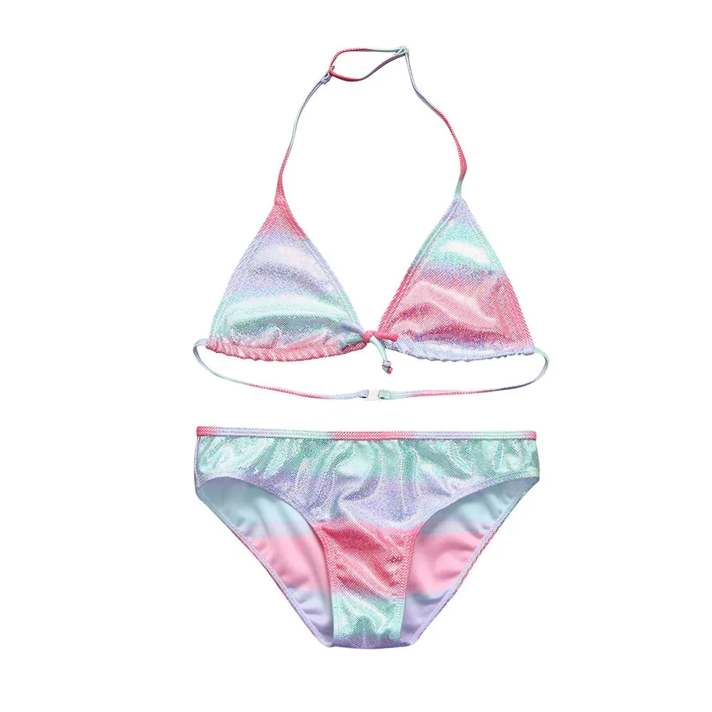 

2018 Two-piece New Summer Girls Stripe Gradient Bling Swimsuit Girls Split Swimwear Children Bikini Swimming Wear Wholesale JU28