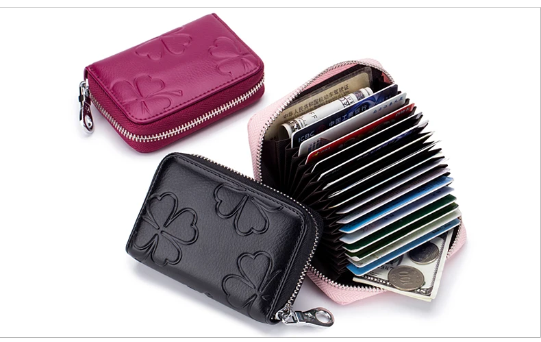 Lomelobo Lady Flower Card Holder Split Leather Girl Zipper Coin Purse Women Business Card Cowhide Female Credit ID Cards Wallets HCL7132  Details (05)
