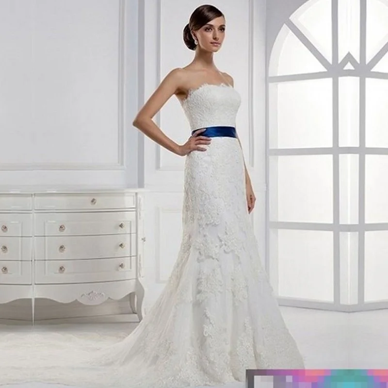 2015 New Design Lace Wedding Dresses With Royal Blue Sash and Court