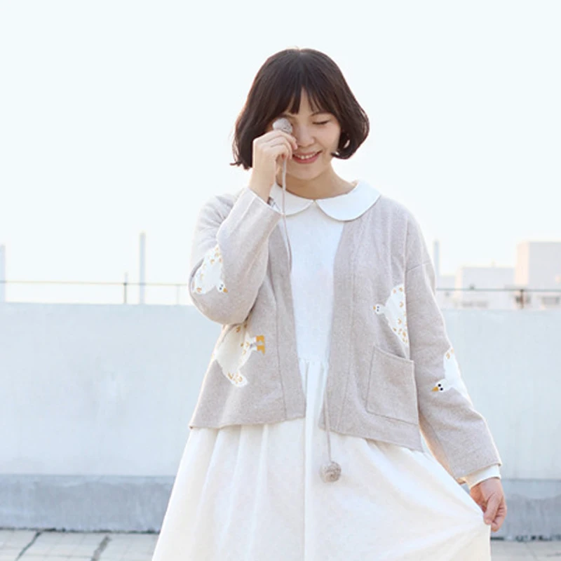 

Spring Autumn New Women's Knitted Coat Japanese Harajuku Kimono Beige Cardigan Cartoon Bird Embroidery Sweater Cardigans Loose