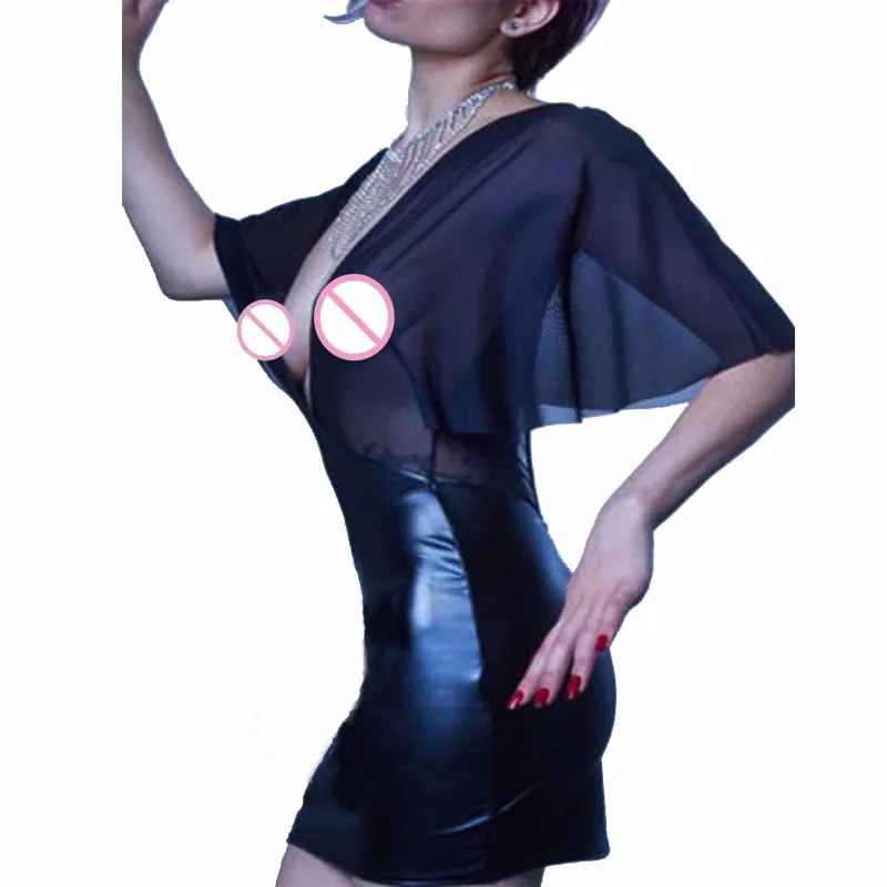 Black Club Dress For Women Mesh Vinyl Leather Patchwork Dress Sexy Backless Deep V-neck Mini Bodycon Nightclub Dresses Vestidos 