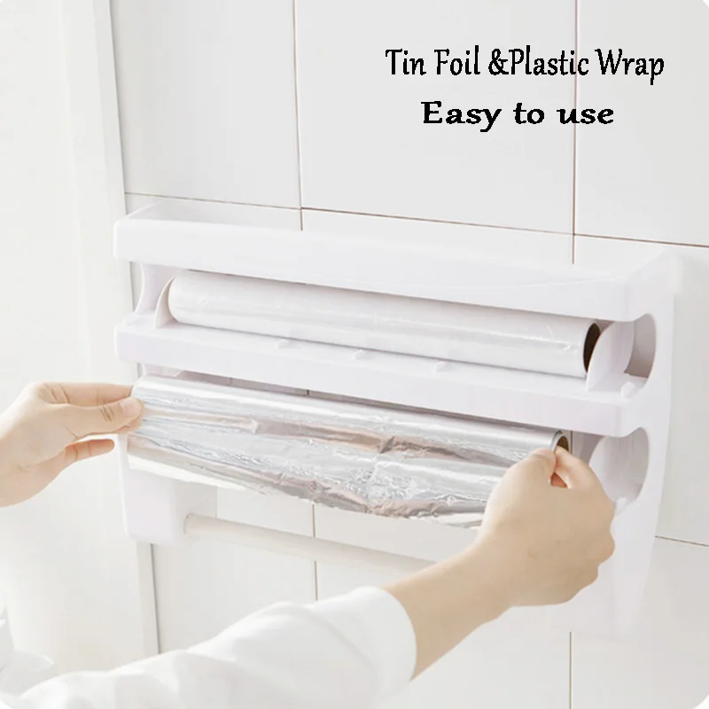Kitchen Fridge Hanging Shelves Toilet Paper Tissue Organizer Holder Barbecue Tin Foil Plastic Wrap Storage Rack Cutting Blade