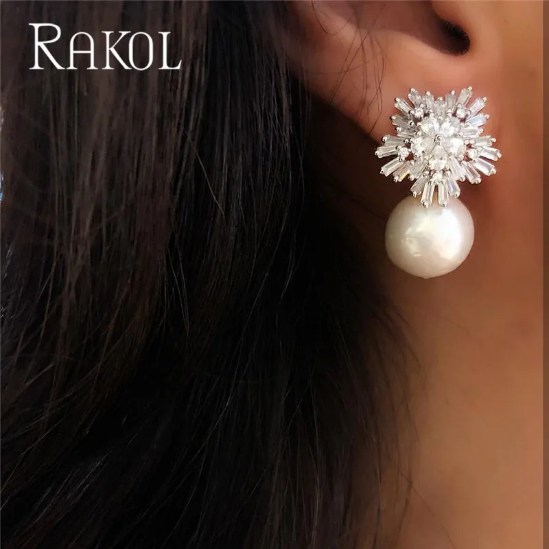 RAKOL, Новое поступление, кубический цирконий, Большой Снежный Цветок, серьги-гвоздики для женщин, белые жемчужные серьги, рождественский подарок, ювелирное изделие, RE0755L