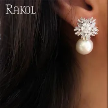 RAKOL, Новое поступление, кубический цирконий, Большой Снежный Цветок, серьги-гвоздики для женщин, белые жемчужные серьги, рождественский подарок, ювелирное изделие, RE0755L