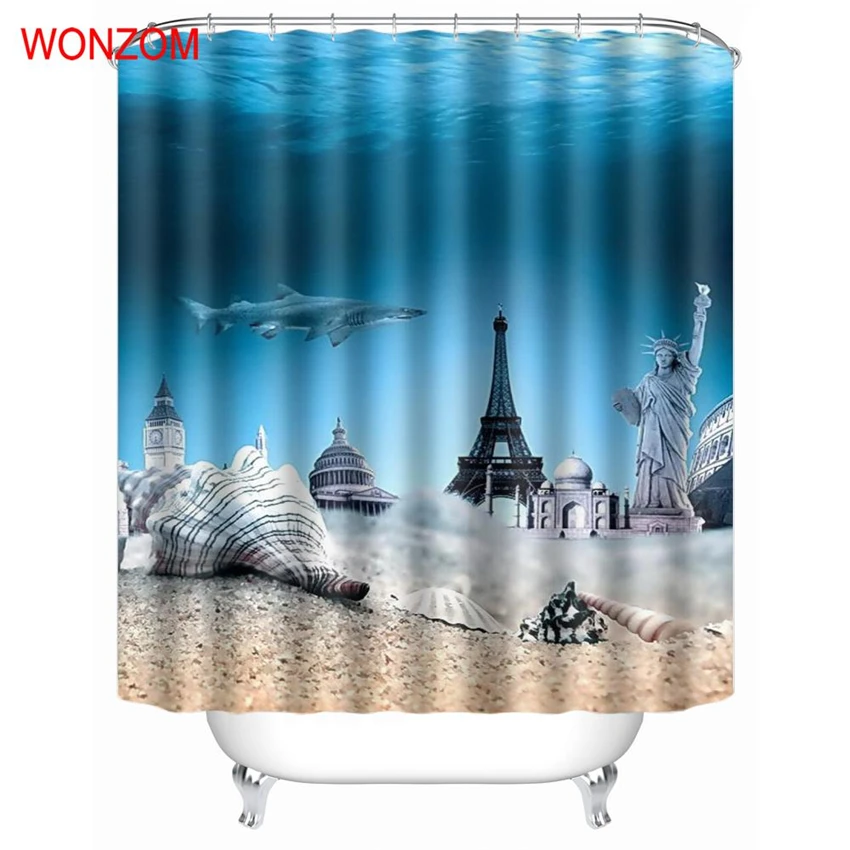

WONZOM Underwater World Modern Polyester Waterproof Accessories Shower Curtains For Bathroom Fabric Shark Bath Curtain With Hook