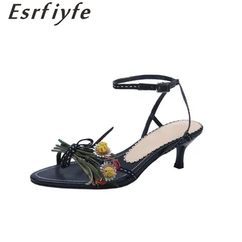 

ESRFIYFE 2019 new arrive genuine leather women sandals thin high heel open toe shoes woman fashion flower Cross strap shoes