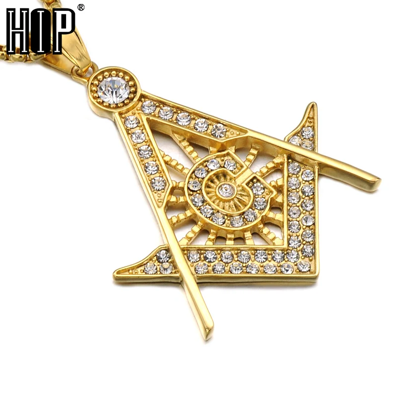 

HIP Hop Gold Color Titanium Stainless Steel Iced Out Bling Masonic Free Mason Freemasonry Pendants Necklaces for Men Jewelry