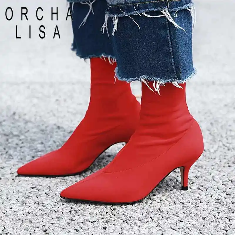 

ORCHA LISA 2019 Spring lycra stretched sock Boots Women Ladies ankle boots thin high heels Party OL shoes Black bottes femme