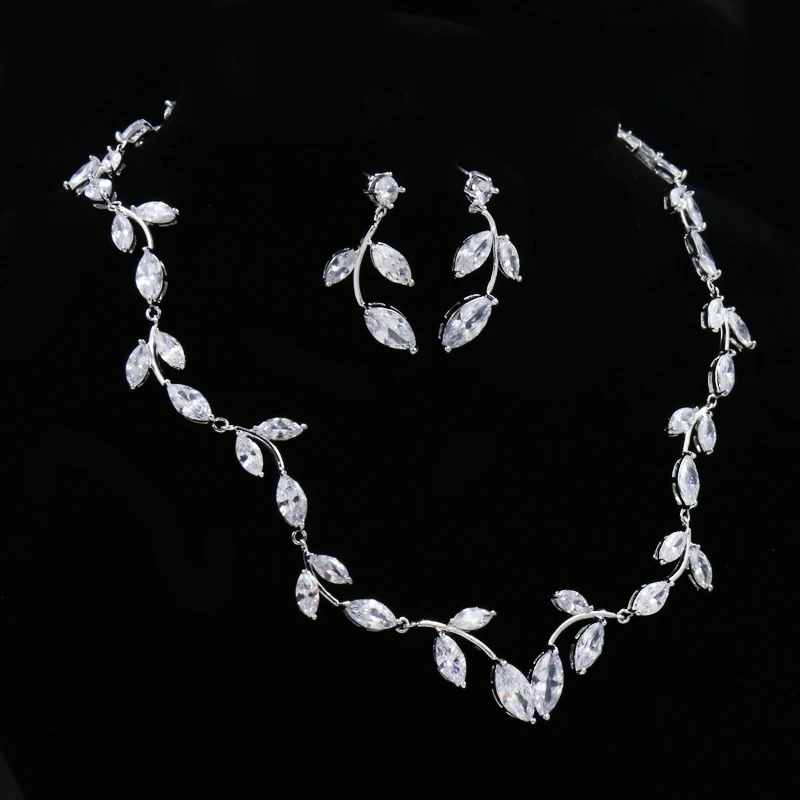WEIMANJINGDIAN свадебные комплекты ювелирных изделий Искрящийся фианит кристалл ожерелье из листьев и серьги набор в золотистый/серебристый