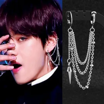 BTS V Stainless Steel Rock Tassel Chain Stud Earring Ear Clip