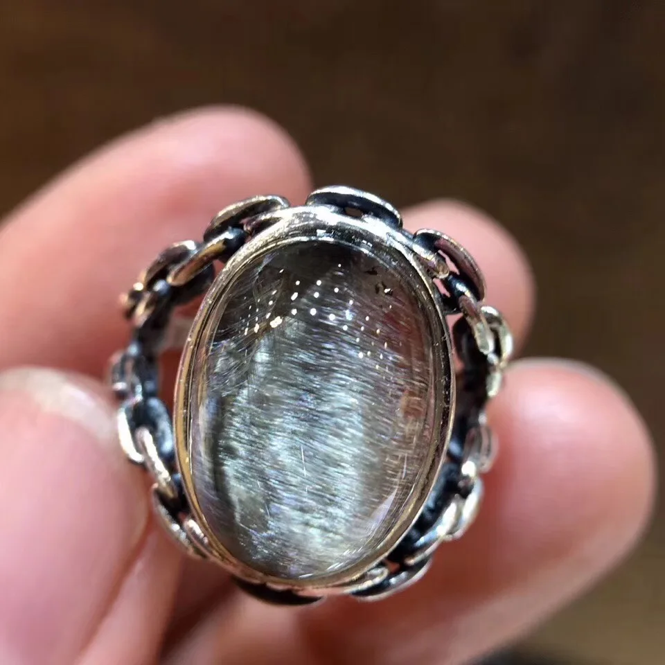 

15.4x11.2mm Natural Brookite Platinum Silver Rutilated Quartz Ring 925 Silver Metal Woman Man Crystal Adjustable Size Ring AAAAA
