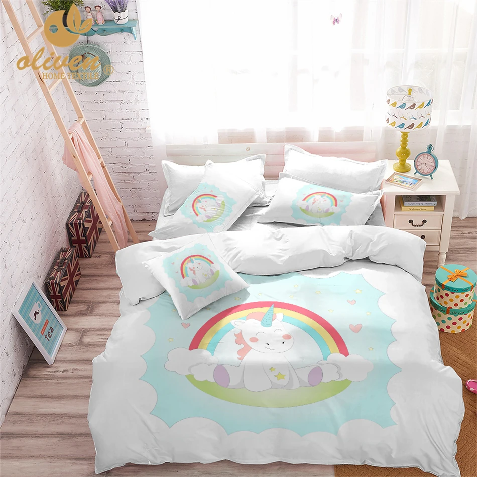 

Kids Bedding Set Sky Blue Unicorn Duvet Cover Designer Cartoon Rainbow Printed Bed Line for Children Girl Princess Room US/AU/RU