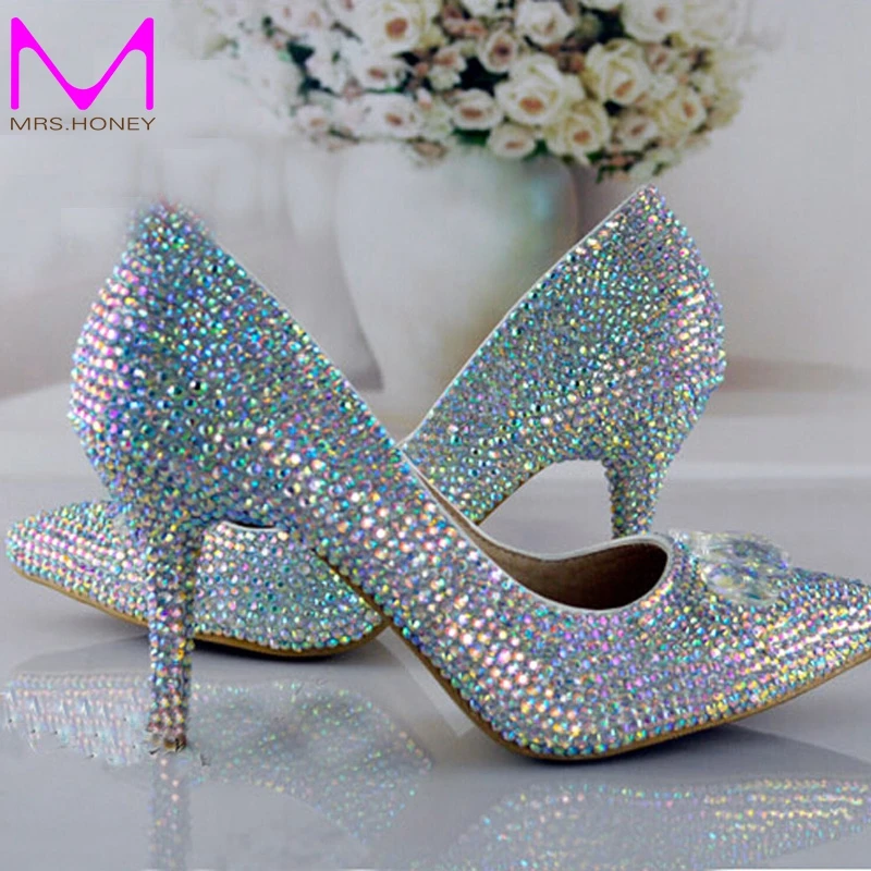 Fashion Cinderella Shoes Bling Glitter AB Crystal Prom Wedding Party Shoes Pointed Toe Women Rhinestone Pumps High Heels