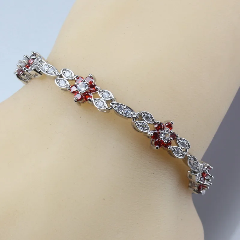 

4-Color Small Flower Link Chain Bracelet Length 17CM 925 Sterling Silver Red Garnet Jewelry For Women/Girl Free Shipping