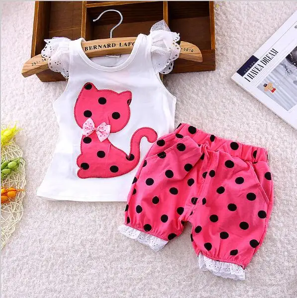 

2016 summer baby girls clothing set children bow cat T shirt+shorts suit 2pcs kids polka dot clothes set suit