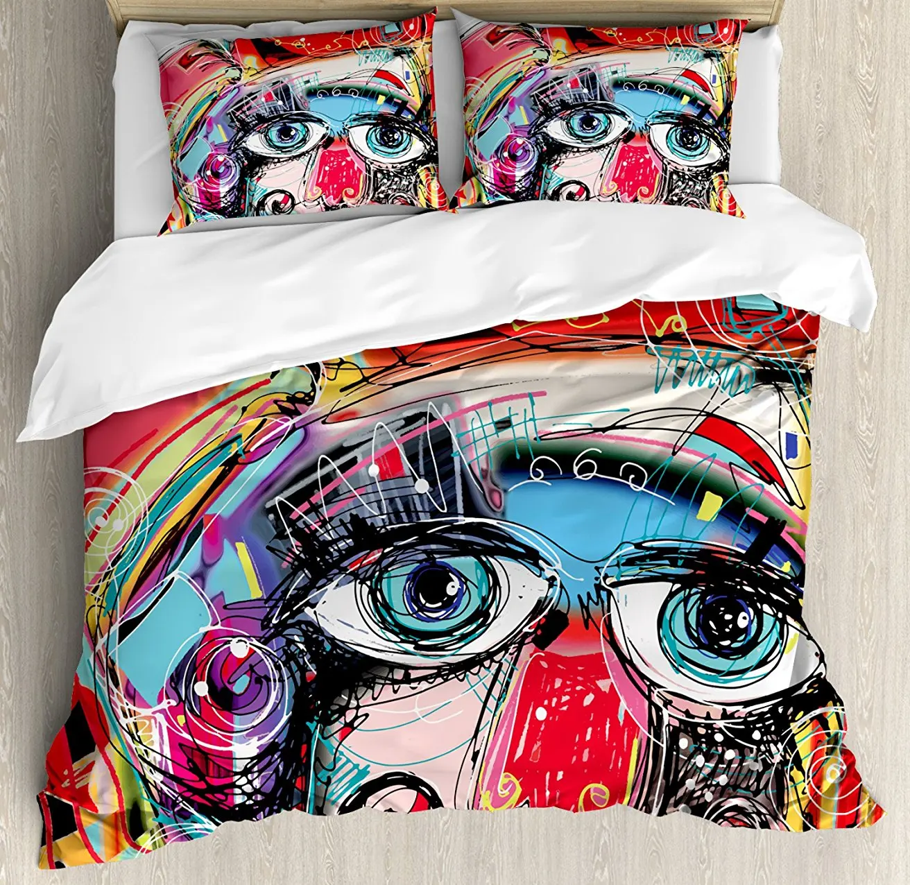

Duvet Cover Set, Grafitti like Sketchy Colorful Painting with Human like Face Dog Animal Image, 4 Piece Bedding Set