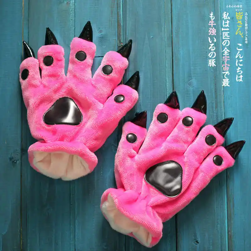 Коготь животного перчатки для женщин и мужчин Мягкие плюшевые перчатки-лапки перчатки с медведями для Luna Cat Pokemon Pikachu костюмы на Хэллоуин - Цвет: rose red