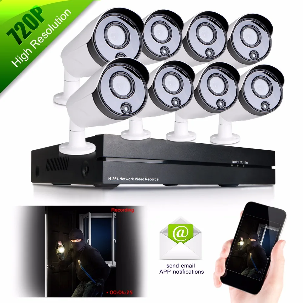 

1/4 "CMOS Waterproof 8CH NVR Home Surveillance 720P HD Infrared IP Network PoE Outdoor Security Camera System IR-CUT