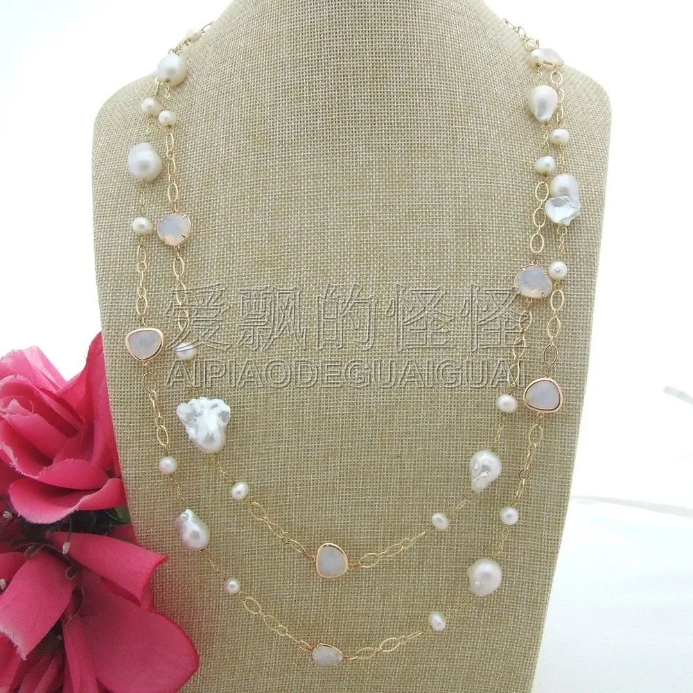 

N090411 60'' Keshi Pearl White Crystal Necklace